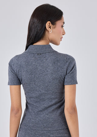 LC Blend Polo Top Women Merino Wool Blend Polo Top Grey Marl