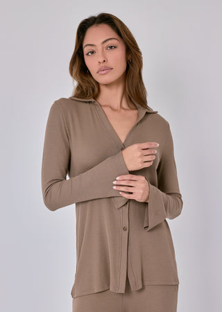 LC Long Sleeve Top Airjet Rib Longline Cardigan Walnut