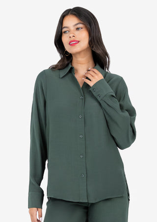 LC Plisse Split Hem Shirt Ivy Green
