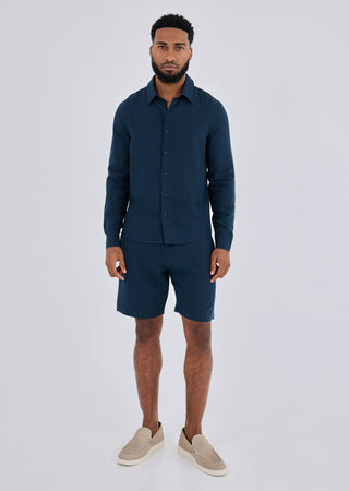 LC Shirt Men Linen Shirt Long Sleeve Dark Navy