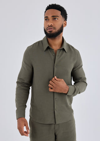 LC Shirt Men Linen Shirt Long Sleeve Khaki Green