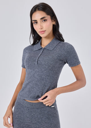 LC Blend Polo Top Women Merino Wool Blend Polo Top Grey Marl