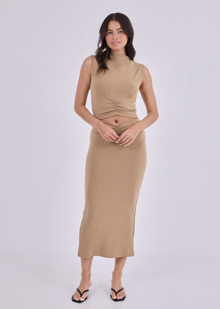 LC Blouses Women's Front Gather Top Camel