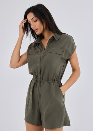 LC Romper Women Linen Romper Khaki Green