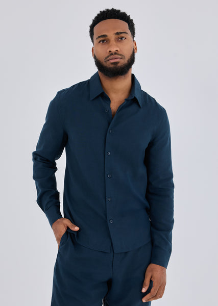 men linen dress shirt Men's Long Sleeve Dark Navy Gifts Fortunate One | Busy Perfect for beach days Size clothing:XXX Large