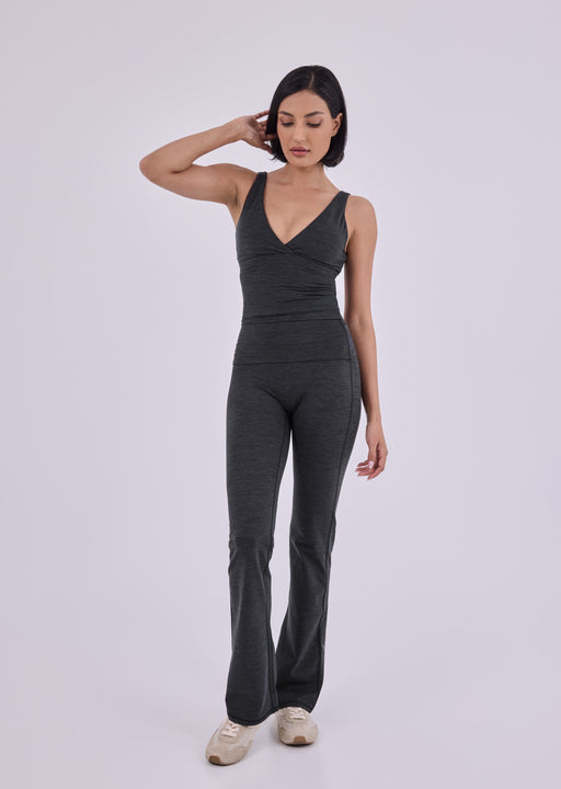 Women's V Neck Tank & Fold Waist Kick Flare Legging Set Dark Grey Marl (Long)