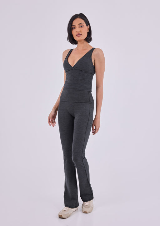 Women's V Neck Tank & Fold Waist Kick Flare Legging Set Dark Grey Marl (Regular)